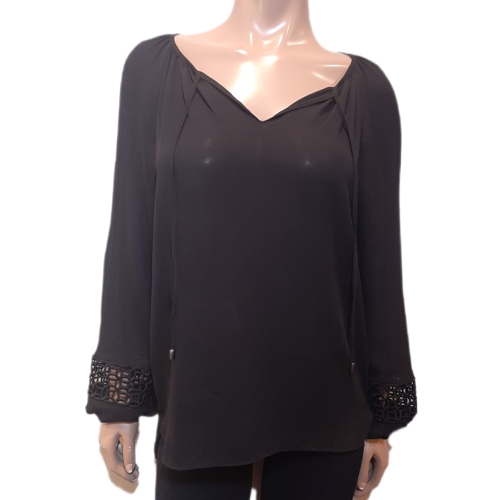 Tahari Sheer High Low Tunic Blouse Tie String Keyhole Vneck Long Bubble Sleeve
